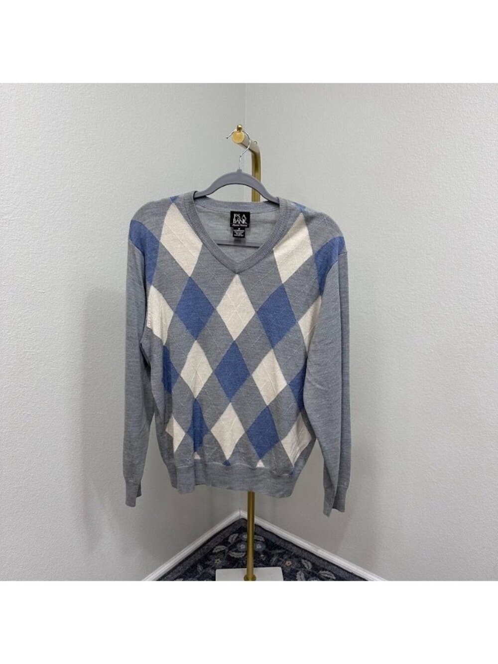 Jos A Bank V Neck Argyle Diamond Knit Pullover Sweater Merino Wool Mens Medium